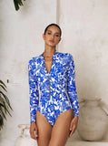 GORUNRUN-Summer Vacation Swimwear Beach Wear Long Sleeve Zip Front Blue White One Piece Surf Swimsuit and Sarong