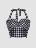 GORUNRUN-Ins Style Street Fashion Black Lace Plaid Halter Top