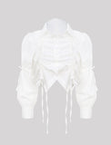 GORUNRUN-Ins Style Street Fashion Ruched Strapped Drawstring Summer White Crop Blouse