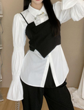 GORUNRUN-Ins Style Street Fashion Black Irregular Camisole&White Puff Sleeve Blouse Set