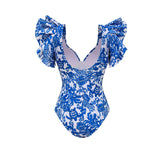 GORUNRUN-Summer Vacation Swimwear Beach Wear Ruffle Blue and White Porcelain Printed One Piece Swimsuit and Sarong