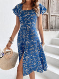 GORUNRUN  Elegant Regular Fit Ruffled Sleeves Floral Square Neck Dress