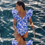 GORUNRUN-Summer Vacation Swimwear Beach Wear Ruffle Blue and White Porcelain Printed One Piece Swimsuit and Sarong