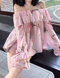 GORUNRUN-Ins Style Street Fashion Off-Shoulder Ruffled Chiffon Print Halter Neck Tie Long Sleeve Spring Blouse