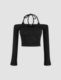 GORUNRUN-Ins Style Street Fashion Ribbed Knit Halter Sleeve Off Shoulder Crop Tops For