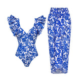 GORUNRUN-Summer Vacation Swimwear Beach Wear Ruffle Blue and White Porcelain Printed One Piece Swimsuit and Sarong