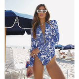 GORUNRUN-Summer Vacation Swimwear Beach Wear Long Sleeve Zip Front Blue White One Piece Surf Swimsuit and Sarong