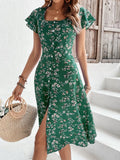 GORUNRUN  Elegant Regular Fit Ruffled Sleeves Floral Square Neck Dress