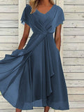 GORUNRUN  V Neck Elegant Chiffon Plain Dress