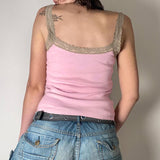 GORUNRUN-summer outfits y2k style casual spring outfits Lace Trim Printed Ribbed Crop Cami Top