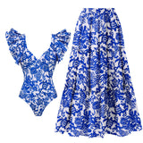 GORUNRUN-Summer Vacation Swimwear Beach Wear Ruffle Blue and White Porcelain Printed One Piece Swimsuit and Sarong