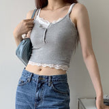 GORUNRUN-summer outfits y2k style casual spring outfits Patchwork Lace Button Up Crop Cami Top