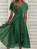 GORUNRUN  V Neck Elegant Chiffon Plain Dress