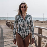 GORUNRUN-Summer Vacation Swimwear Beach Wear Long Sleeve Color Block One Piece Swimsuit