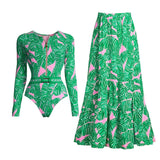 GORUNRUN-Summer Vacation Swimwear Beach Wear Long Sleeve Zip Front Jungle Printed One Piece Surf Swimsuit and Skirt