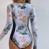 GORUNRUN-Summer Vacation Swimwear Beach Wear Long Sleeve Print Sexy One Piece Swimsuit