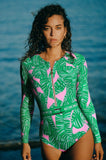 GORUNRUN-Summer Vacation Swimwear Beach Wear Long Sleeve Zip Front Jungle Printed One Piece Surf Swimsuit and Skirt