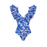 GORUNRUN-Summer Vacation Swimwear Beach Wear Ruffle Blue and White Porcelain Printed One Piece Swimsuit and Sarong