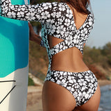 GORUNRUN-Summer Vacation Swimwear Beach Wear Long Sleeve Flower Print Backless One Piece Swimsuit