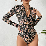 GORUNRUN-Summer Vacation Swimwear Beach Wear Long Sleeve Printed One Piece Surf Swimsuit