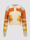 GORUNRUN-Ins Style Street Fashion Orange Color Block Irregular Patterns Knit Cardigan