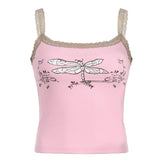 GORUNRUN-summer outfits y2k style casual spring outfits Lace Trim Printed Ribbed Crop Cami Top