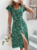 GORUNRUN  Elegant Regular Fit Ruffled Sleeves Floral Square Neck Dress