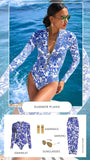 GORUNRUN-Summer Vacation Swimwear Beach Wear Long Sleeve Zip Front Blue White One Piece Surf Swimsuit and Sarong