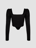 GORUNRUN-Ins Style Street Fashion Black Retro Square Neck Puff Sleeve Crop Top