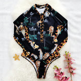 GORUNRUN-Summer Vacation Swimwear Beach Wear Long Sleeve Zip Front Printed One Piece Surf Swimsuit