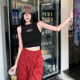 GORUNRUN-summer outfits y2k style casual spring outfits Letter Embroidery Ribbed Cropped Tank Top