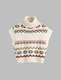 GORUNRUN-Ins Style Street Fashion Beige Turtleneck Geometric Jacquard Knitted Vest