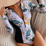 GORUNRUN-Summer Vacation Swimwear Beach Wear Printed Zipper Surfing One Piece Swimsuit