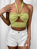 GORUNRUN-Ins Style Street Fashion Solid Halter Bow Cutout Top