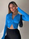 GORUNRUN  Slim Ruched Ladies Sparkle Shirts Women Sexy Fashion Clothing Button Up Collar Glitter Shirt Long Sleeve Cropped Top