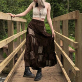 GORUNRUN-y2k Vintage Brown Patchwork Long Skirts Printed Boho Grunge Fairycore Retro Pleated Skirts Kawaii Holiday Women Streetwear