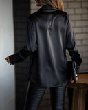 GORUNRUN-Ins Style Street Fashion Problem Solved Satin Collared Drape Blouse - Black