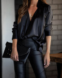 GORUNRUN-Ins Style Street Fashion Problem Solved Satin Collared Drape Blouse - Black