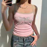 GORUNRUN-summer outfits y2k style casual spring outfits Lace Trim Printed Ribbed Crop Cami Top