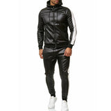 mens costumes Autumn and Winter New Men's Suit Stitching Hooded Leather Pants Two-Piece PU Leather Sports Suit