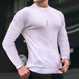 mens outfits Autumn Small Plaid Men's Trendy round Neck Pullover Trendy Loose Knitted Long Sleeve Cotton T Top Men