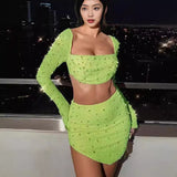 birthday outfit  Knitted Beaded Square Collar Long-Sleeved Top Skirt Suit Spring Women's Sexy Navel Skirt for Women