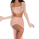 birthday outfit  Knitted Beaded Square Collar Long-Sleeved Top Skirt Suit Spring Women's Sexy Navel Skirt for Women