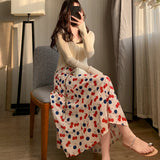 GORUNRUN-Cherry floral skirt for women spring and summer new Korean style hip-covering temperament high waist medium-length A-line skirt trend