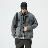 masc outfits Distressed Washed Blue Classic Denim Coat Men's Autumn Retro Bamboo Pattern Casual Jacket Men's Loose All-Matching