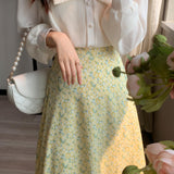 GORUNRUN- Light yellow floral skirt for women spring and summer new Korean style high waist long skirt with long skirt A-line umbrella skirt