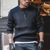 men fall outfits Workwear American Retro Vertical Stripes Stitching Sweater round Neck Slim Fit Hard Han Style Tactical Sweater Men's Autumn