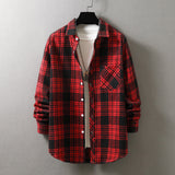 frat boy outfits New Men's Plaid Long-Sleeved Shirt Fashionable Brushed Loose Lapel Yarn-Dyed Shirt Men