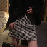 GORUNRUN-Autumn and winter stylish temperament commuting long black short skirt mid-length plaid splicing wool all-match high waist skirt