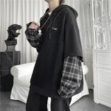 fall fits men Hooded Sweater Men's Ins Fake Two-Piece Stitching Plaid Lazy Style Fashion plus Size Top Fashion